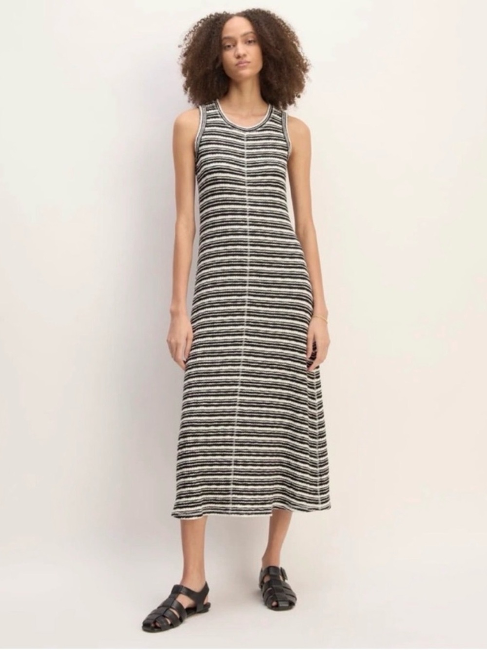 Everlane - The Rib Knit A Line Black White Stripe Sleeveless Tank Midi Dress SM